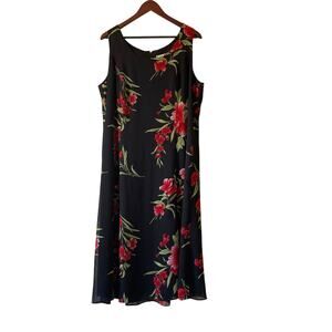 Vintage 90s Red Black Tropical‎ Floral Sleeveless Midi Dress Size 18